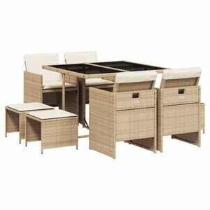 vidaXL 9 Piece Garden Dining Set with Cushions Beige Poly Rattan