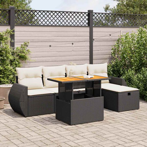vidaXL 6 Piece Garden Sofa Set with Cushions Black Poly Rattan Acacia