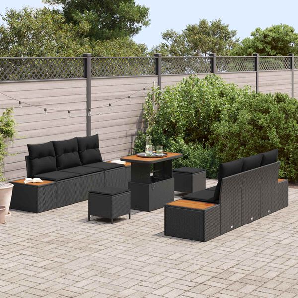 vidaXL Garden Sofa Set with Cushion 9 pcs Black Poly rattan
