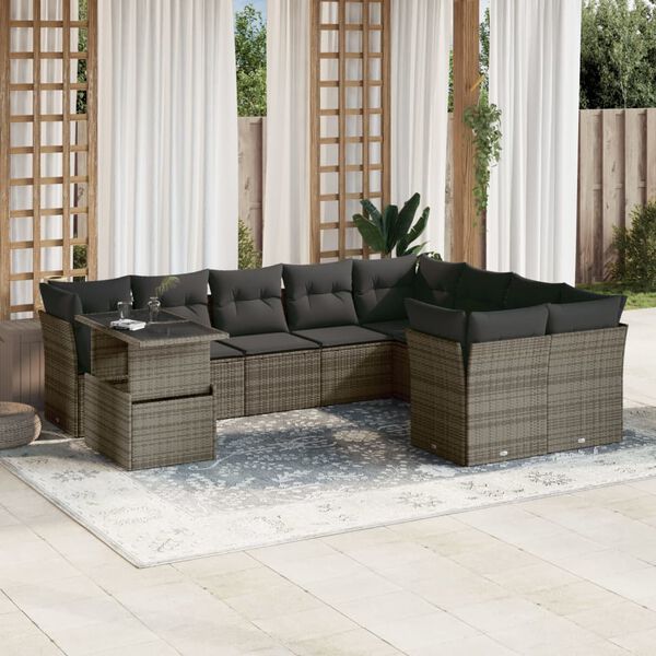 vidaXL 10 Piece Garden Sofa Set with Cushions Grey Poly Rattan