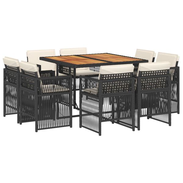 vidaXL 9 Piece Garden Dining Set with Cushions Black Poly Rattan