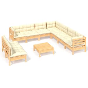vidaXL 10 Piece Garden Lounge Set with Cream Cushions Solid Pinewood