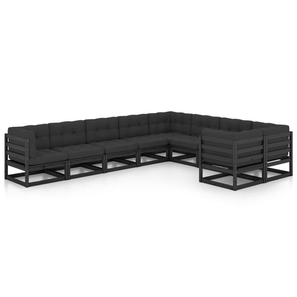 vidaXL 9 Piece Garden Lounge Set with Cushions Black Solid Pinewood