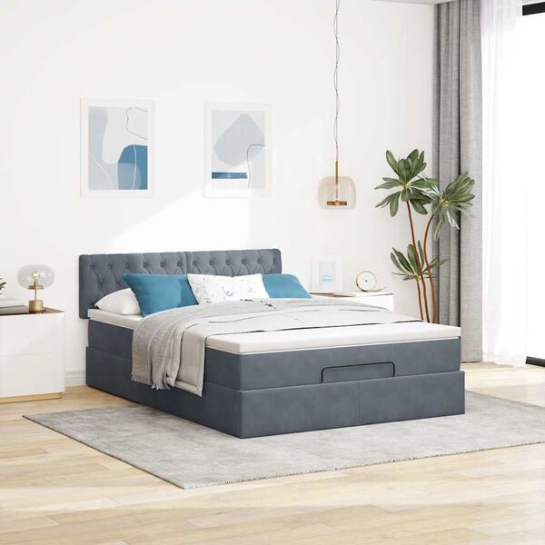 vidaXL Ottoman Bed with Mattress & LEDs Dark Grey Queen Velvet