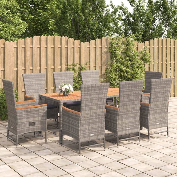 vidaXL 9 Piece Garden Dining Set with Cushions Grey Poly Rattan