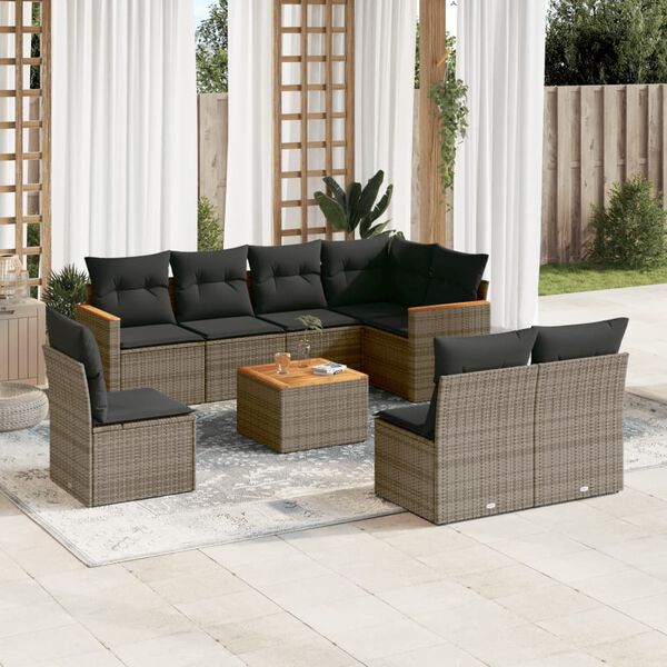 vidaXL 9 Piece Garden Sofa Set with Cushions Grey Poly Rattan