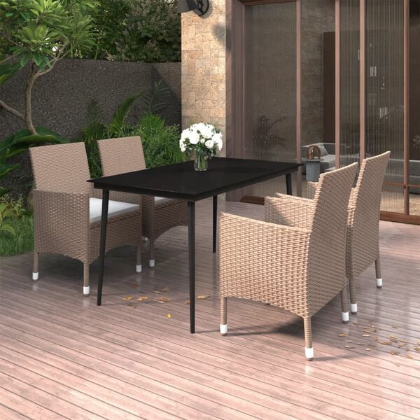 vidaXL 5 Piece Garden Dining Set with Cushions Poly Rattan and Glass