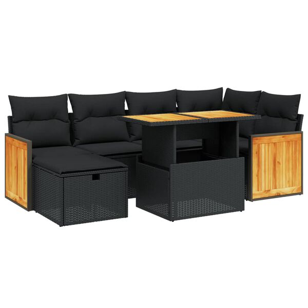 vidaXL 7 Piece Garden Sofa Set with Cushions Black Poly Rattan