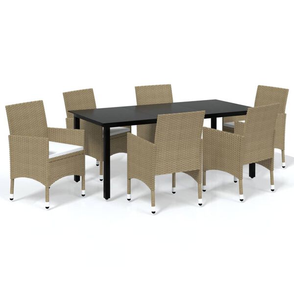 vidaXL 7 Piece Garden Dining Set with Cushions Poly Rattan Beige