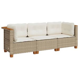 vidaXL Garden Sofa with Cushions 3-Seater Beige Poly Rattan