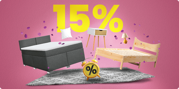 Wooden highboard, a black cube shelf, and a white sideboard on a grey rug. Floating confetti, a yellow clock with a percentage sign, and bold “15%” in the background. Click to shop the collection.
