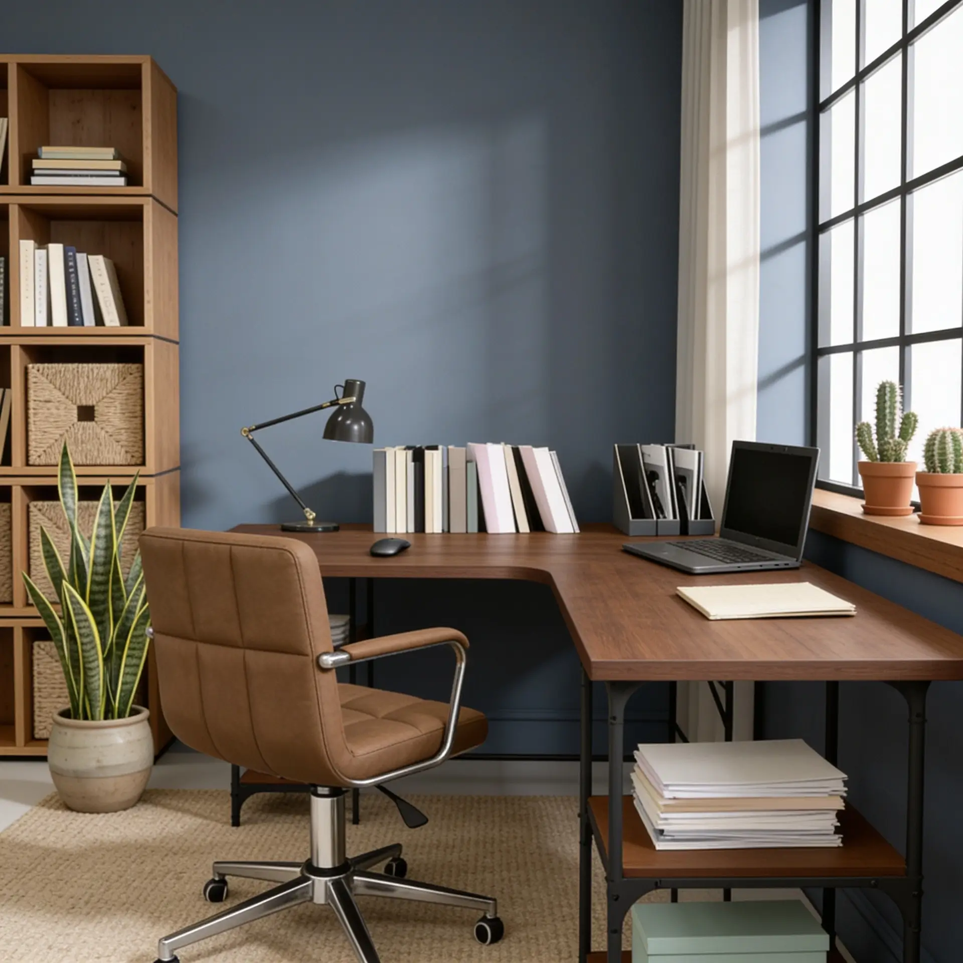 Modern home office workspace featuring a wooden L-shaped desk with a laptop, a brown leather tufted swivel chair, a tall bookshelf, and potted plants against blue-grey walls.