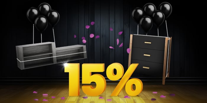 Grey shoe cabinet and black sideboard lifted by black balloons and surrounded by purple confetti, with a large yellow 15% sign on a dark background. Click to shop the collection.