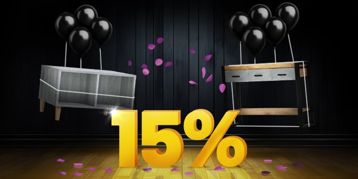 Grey coffee table and console table with a metal frame lifted by black balloons and surrounded by purple confetti, with a large yellow 15% sign on a dark background. Click to shop the collection.