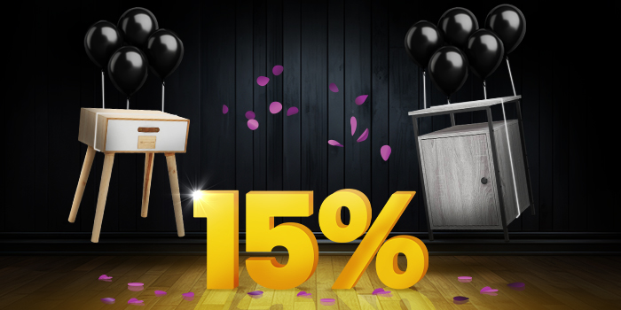 White bedside table on wooden legs and grey bedside table with a metal frame lifted by black balloons and surrounded by purple confetti, with a large yellow 15% sign on a dark background. Click to shop the collection.