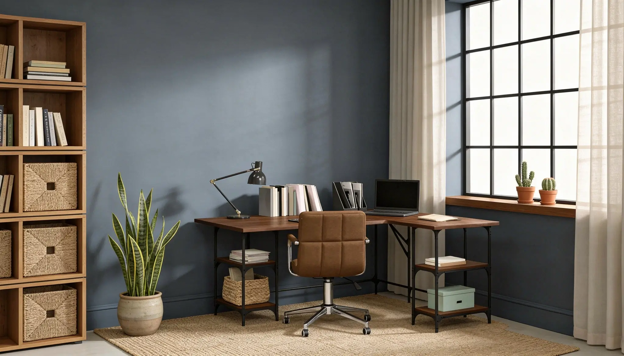 Modern home office interior featuring a wooden corner desk, brown leather swivel chair, tall bookshelf with woven baskets, and a potted snake plant against blue-grey walls.
