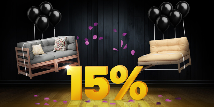 Wooden outdoor sofa with grey cushions and decorative pillows and wooden outdoor lounge chair with beige cushions lifted by black balloons and surrounded by purple confetti, with a large yellow 15% sign on a dark background. Click to shop the collection.