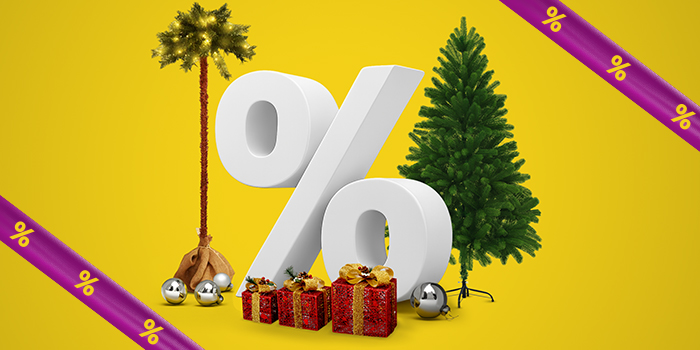 A large white percentage symbol surrounded by a Christmas tree, a palm tree adorned with lights, red gift boxes, silver baubles, and purple promotional bands with discount icons.  Click to see the products in the offer.