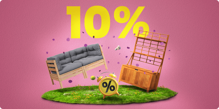 Floating media console and shelving unit on a rug, divided by a white open door from a wooden deck chair and a 2-seater sofa on grass. Confetti, a yellow clock with a percentage sign, and bold “25%” in the background. Click to shop the collection.