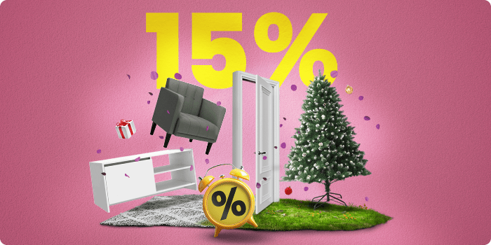 Dark grey upholstered storage bed, a wooden bed frame, and a white nightstand, all floating above a grey rug. Confetti, a yellow clock with a percentage sign, and bold “15%” in the background. Click to shop the collection.
