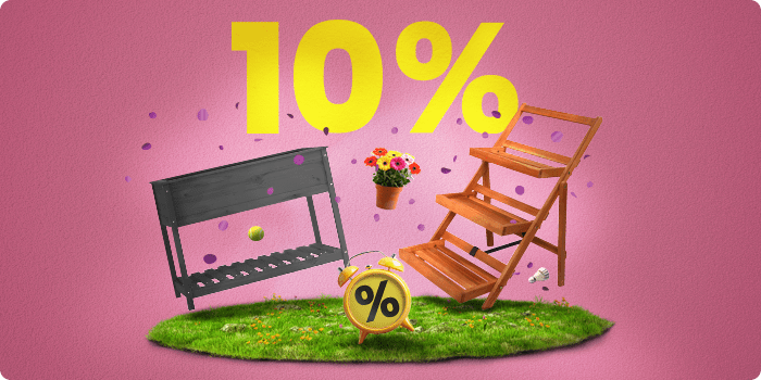 Floating wooden two-seater sofa and a wooden plant stand with storage on grass. Confetti, a yellow clock with a percentage sign, and bold “10%” in the background. Click to shop the collection.