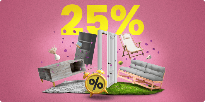 Floating TV console and shelving unit on a rug, divided by a white open door from a storage box and a low cushioned seat on grass. Confetti, a yellow clock with a percentage sign, and bold “25%” in the background. Click to shop the collection.