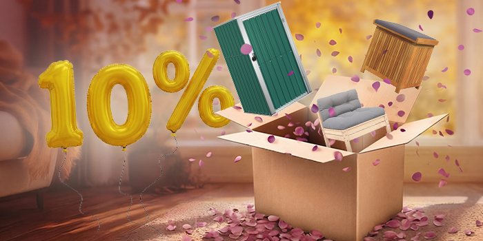 Open box with tool shed, garden sofa, and storage box popping out, purple petals scattered around. Yellow balloons show a 10% discount. Click to shop the collection.
