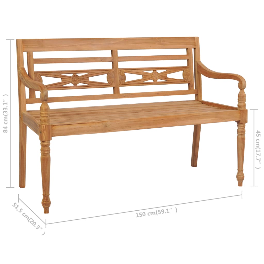 vidaXL Batavia Bench with Cream White Cushion 150 cm Solid Teak Wood