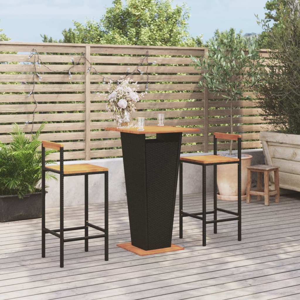 vidaXL 3 Piece Garden Bar Set Black Poly Rattan&Solid Wood Acacia