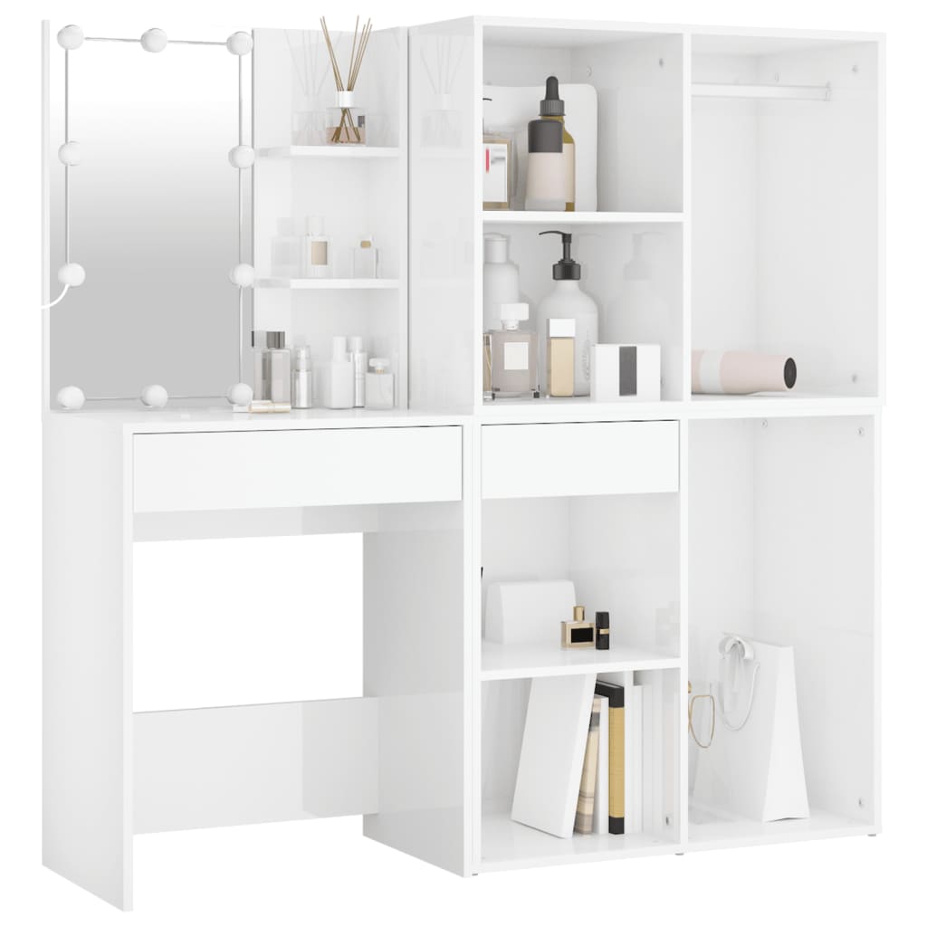 vidaXL LED Dressing Table with 2 Cabinets High Gloss White Engineered Wood