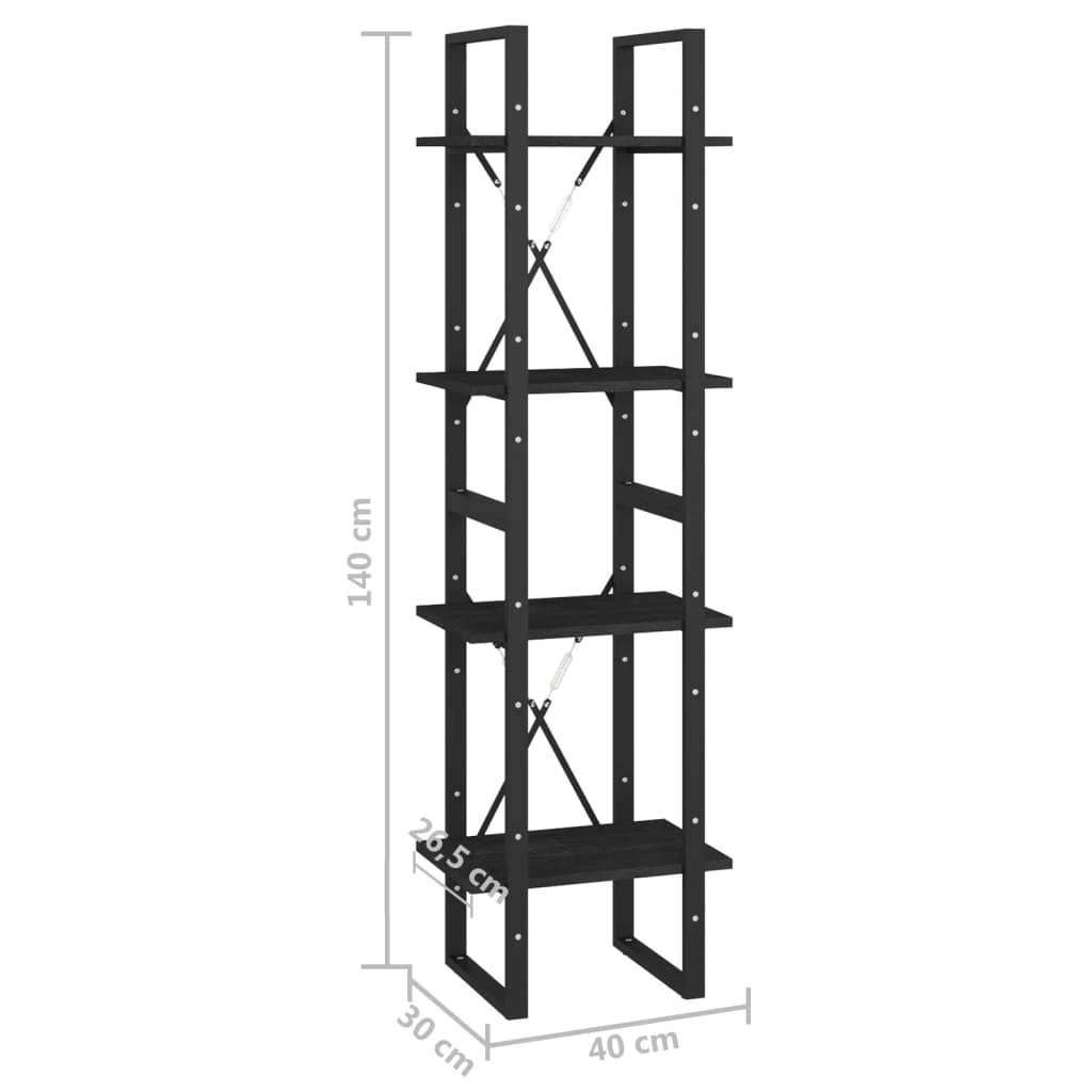 vidaXL 4-Tier Book Cabinet Black 40x30x140 cm Solid Pine Wood