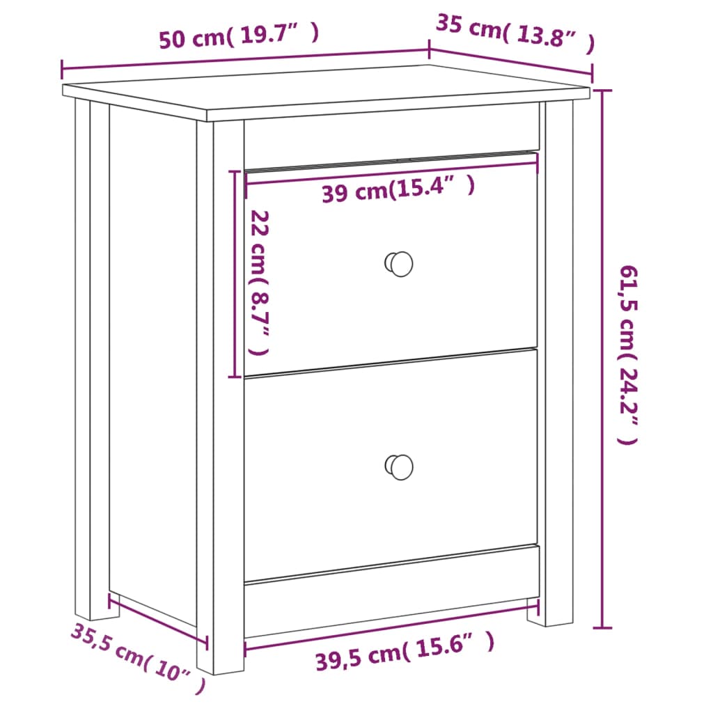 vidaXL Bedside Cabinet White 50x35x61.5 cm Solid Wood Pine