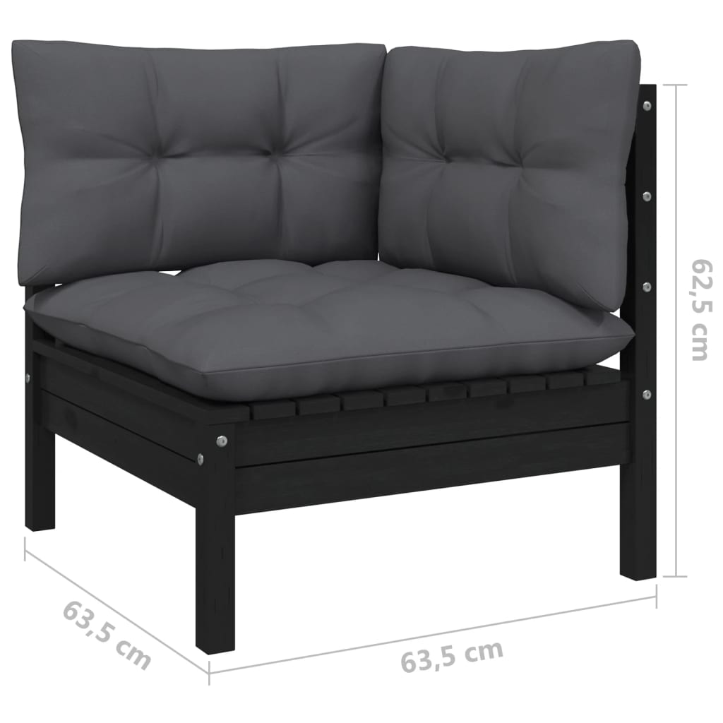 vidaXL Garden Corner Sofa with Cushions Black Solid Pinewood