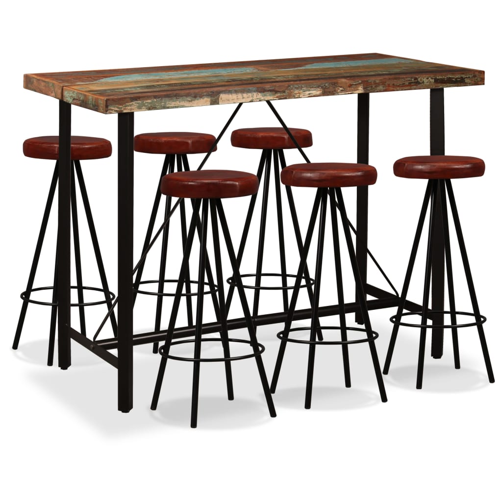 vidaXL Bar Set 7 Pieces Solid Wood Reclaimed and Genuine Leather