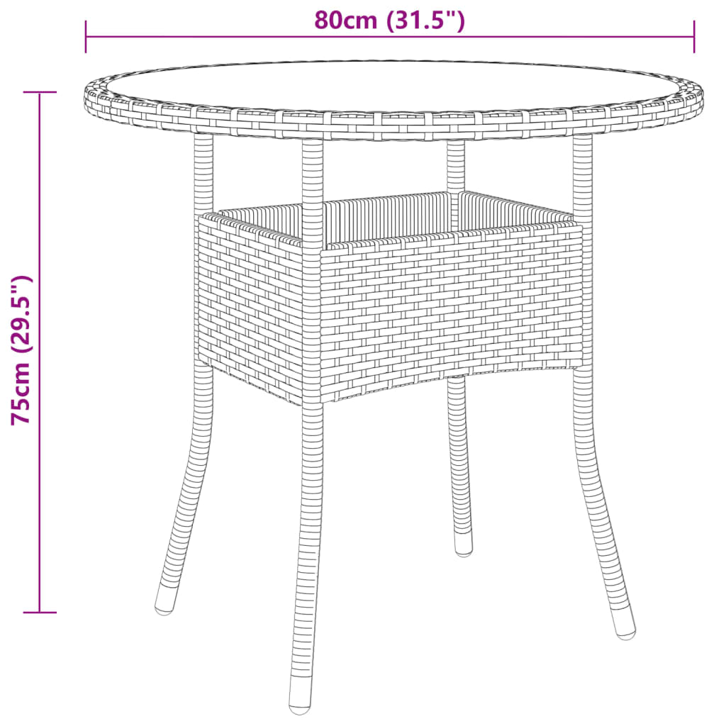 vidaXL Garden Table Ø80x75 cm Tempered Glass and Poly Rattan Beige