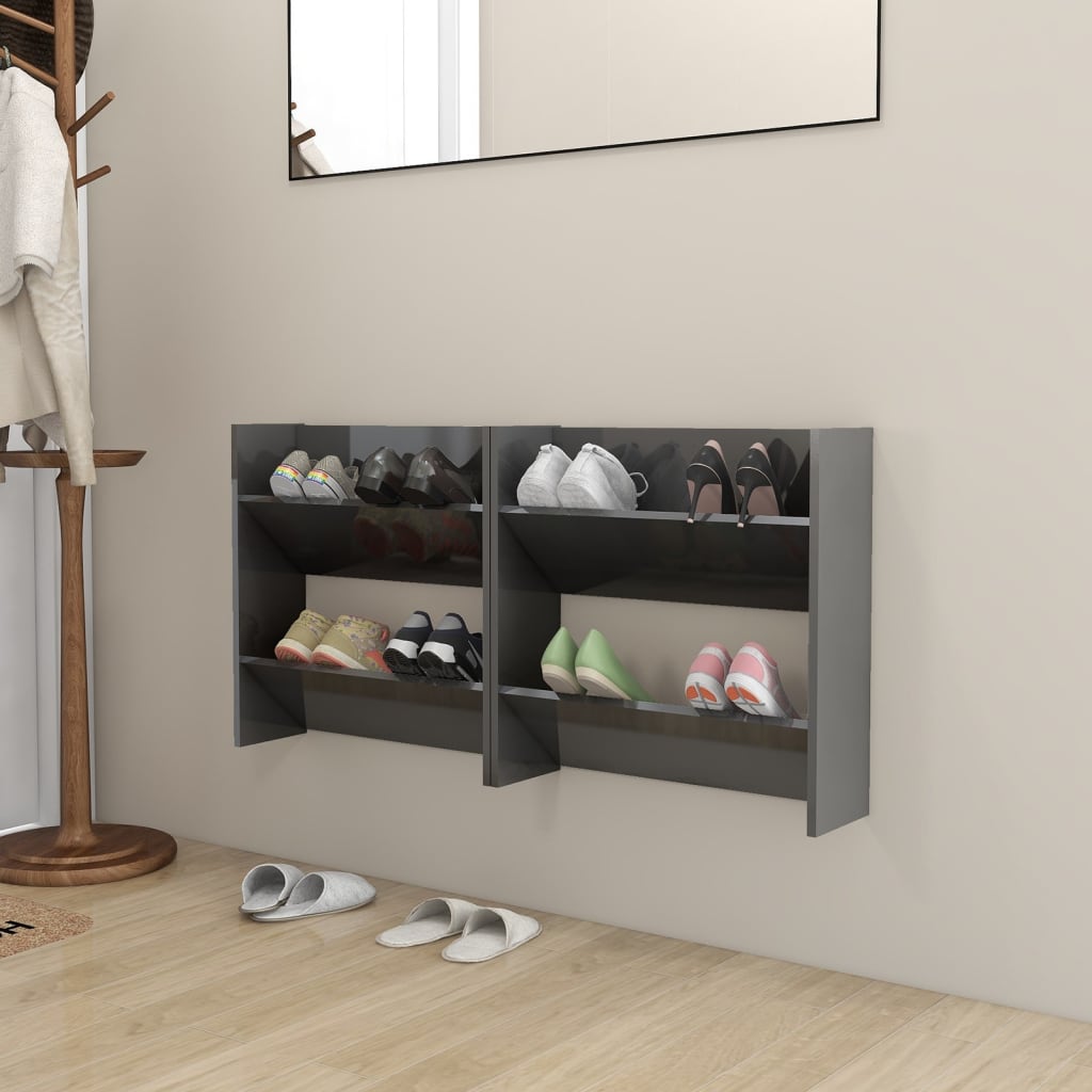 vidaXL Wall Shoe Cabinets 2 pcs High Gloss Grey 60x18x60 cm Engineered Wood