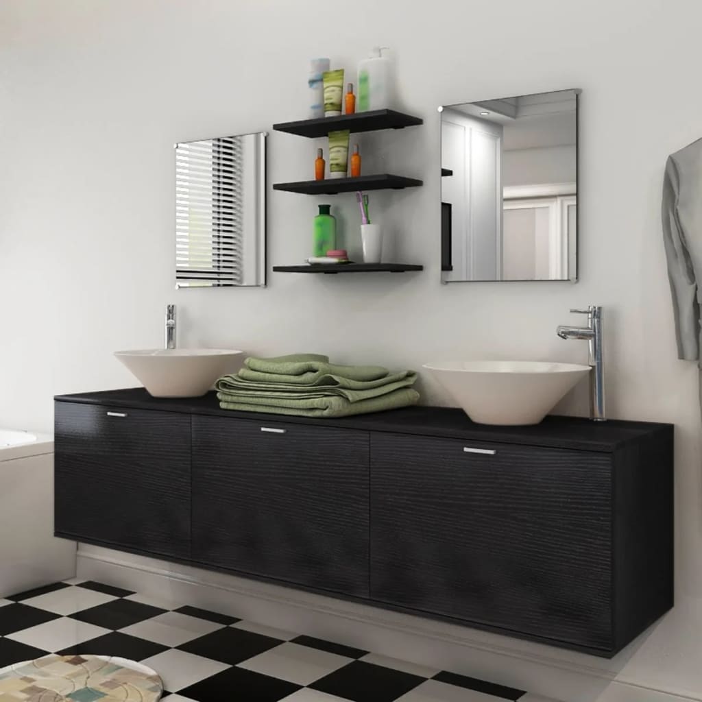 vidaXL Eight Piece Bathroom Furniture and Basin Set Black