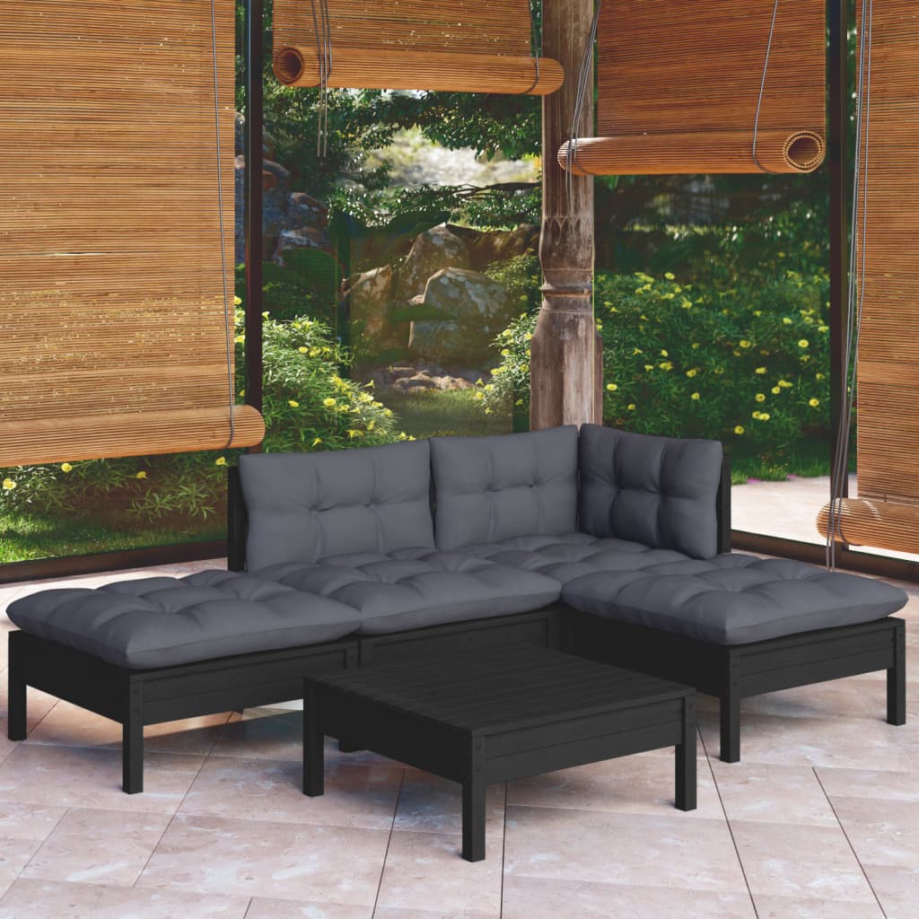 vidaXL 5 Piece Garden Lounge Set with Cushions Black Pinewood