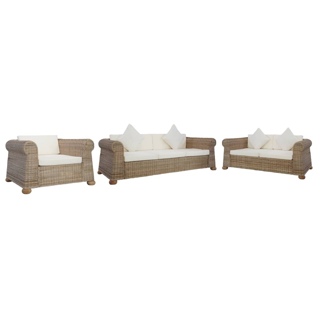 vidaXL 3 Piece Sofa Set with Cushions Natural Rattan