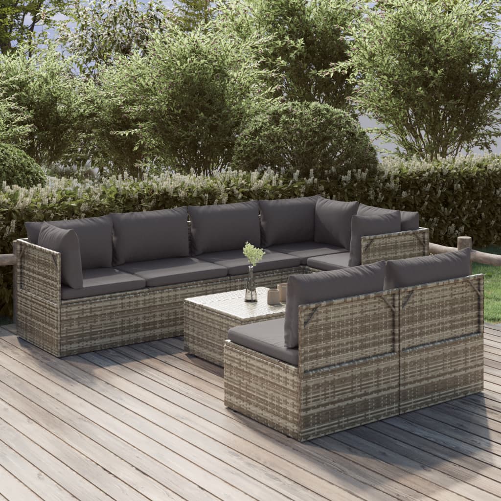 vidaXL 8 Piece Garden Lounge Set with Cushions Grey Poly Rattan