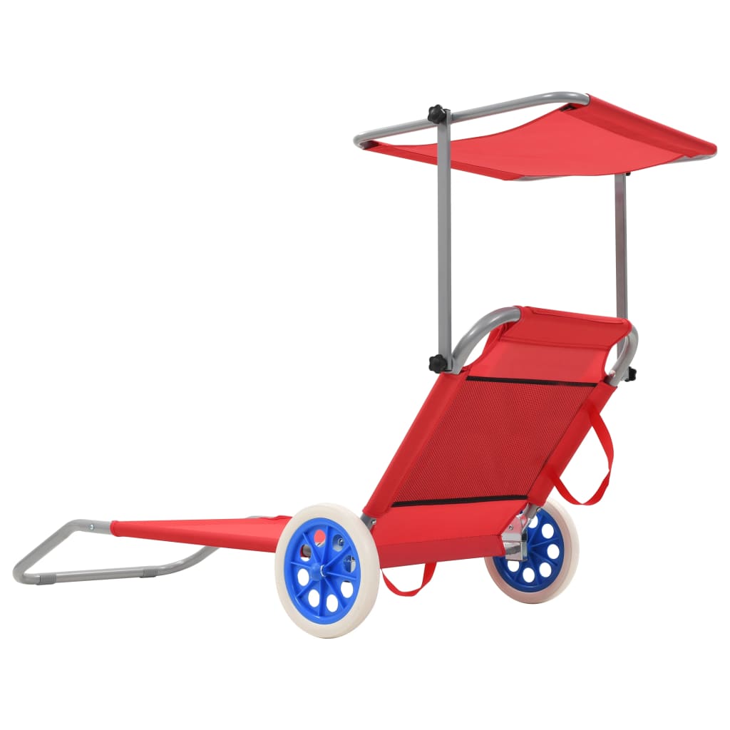 vidaXL Folding Sun Lounger with Canopy and Wheels Steel Red