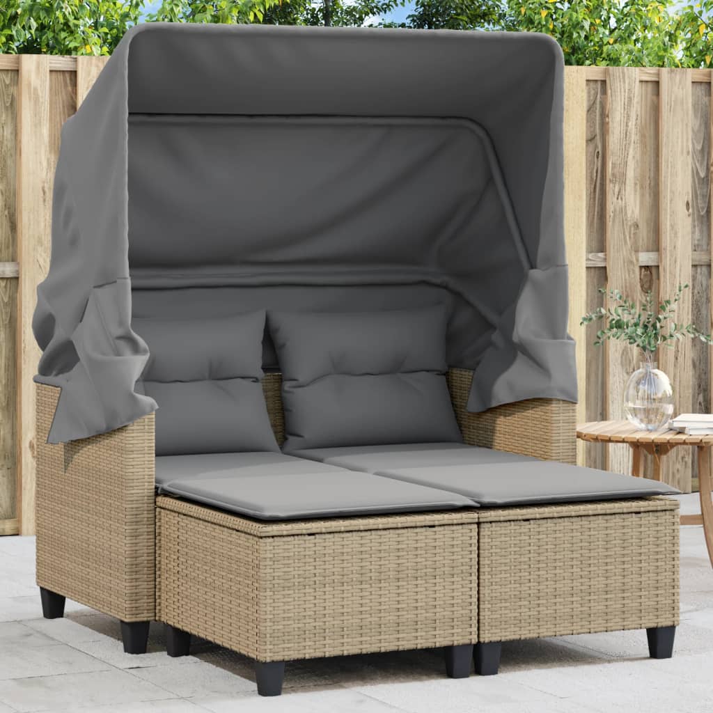 vidaXL Garden Sofa 2-Seater with Canopy and Stools Beige Poly Rattan