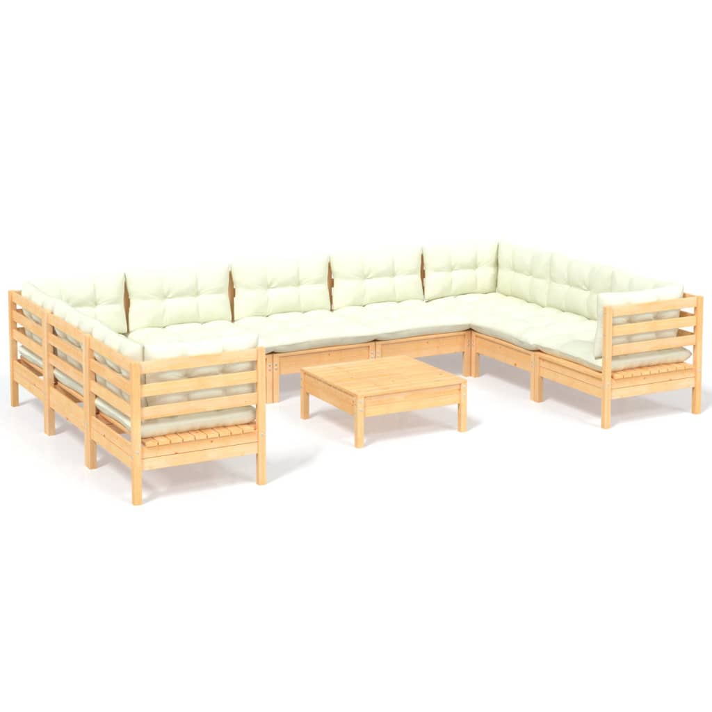 vidaXL 10 Piece Garden Lounge Set with Cream Cushions Pinewood
