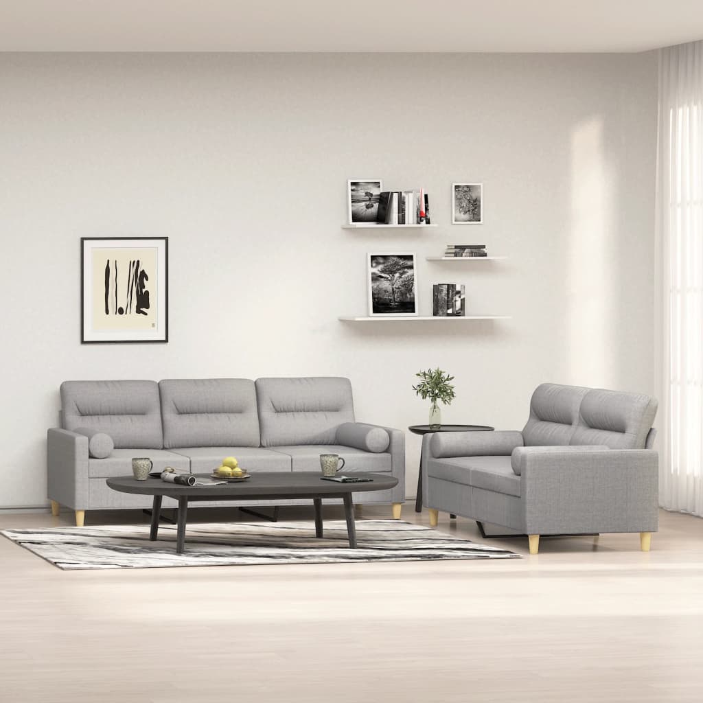vidaXL 2 Piece Sofa Set with Throw Pillows&Cushions Light Grey Fabric