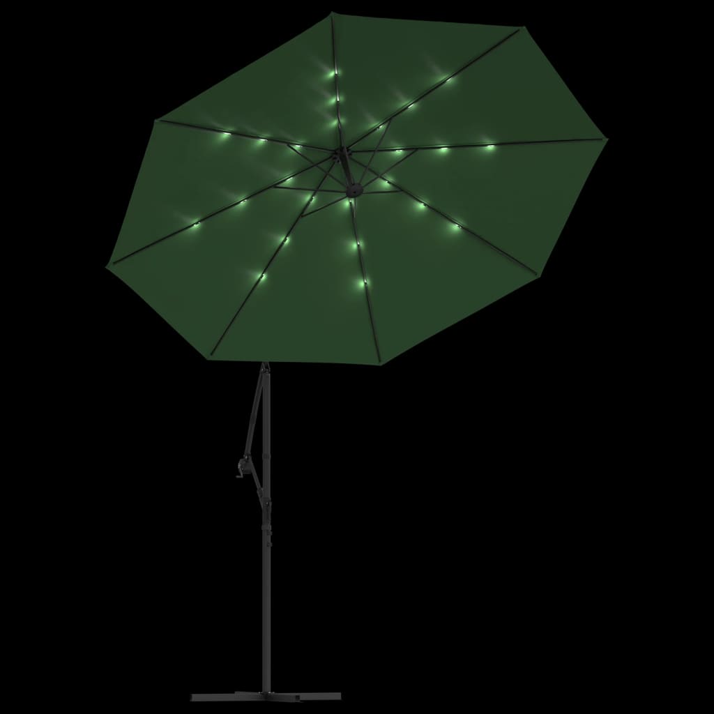vidaXL Hanging Parasol with LED Lighting 300 cm Green Metal Pole
