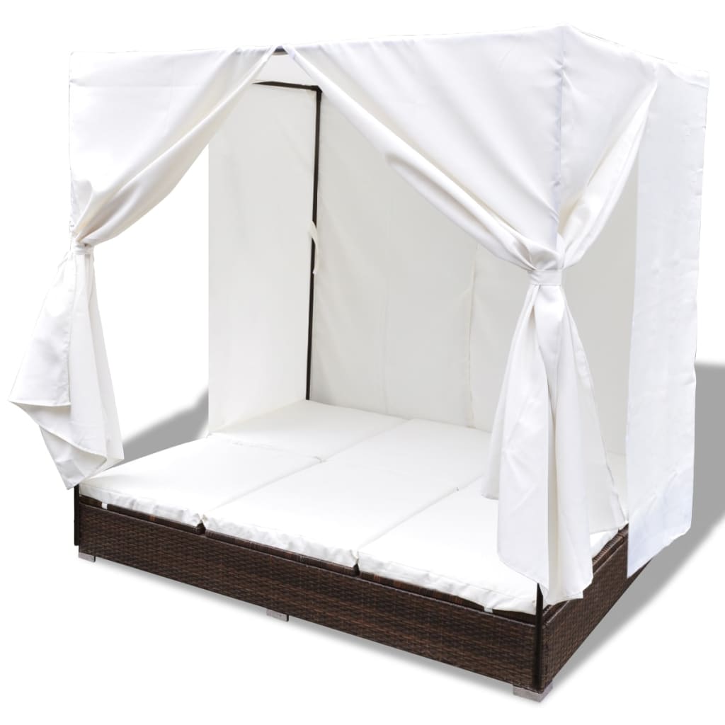 vidaXL Outdoor Lounge Bed with Curtains Poly Rattan Brown