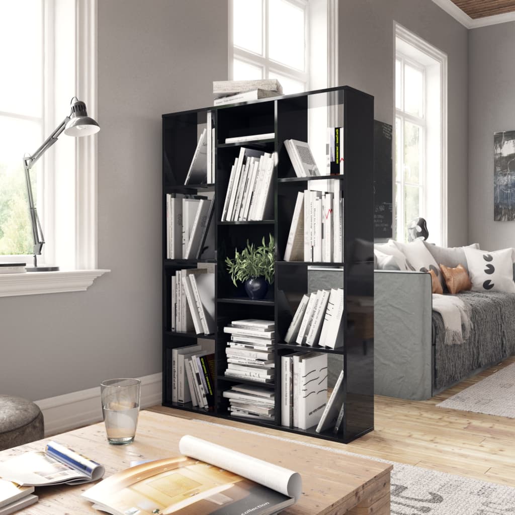vidaXL Room Divider/Book Cabinet High Gloss Black 100x24x140 cm Engineered Wood