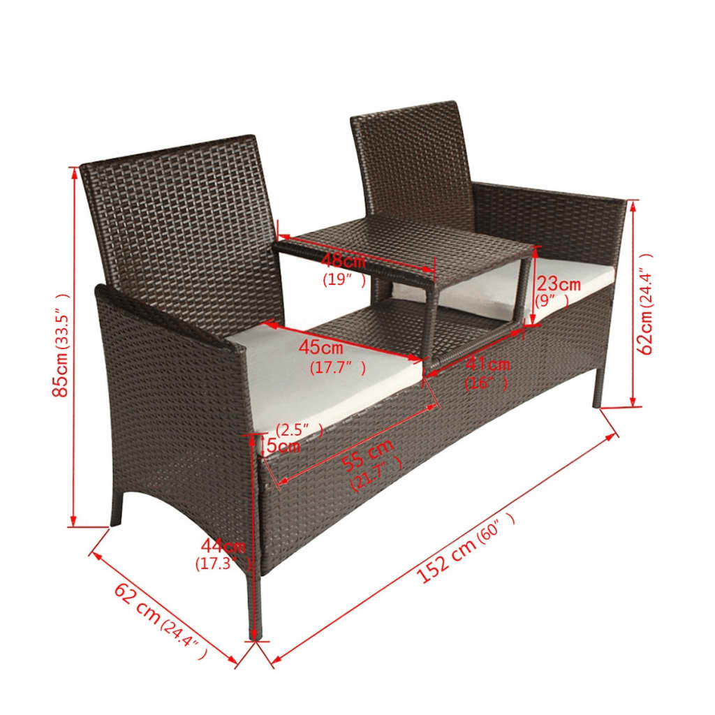 vidaXL 2-Seater Garden Sofa with Tea Table Poly Rattan Brown