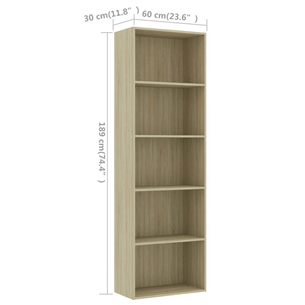 vidaXL 5-Tier Book Cabinet Sonoma Oak 60x30x189 cm Engineered Wood