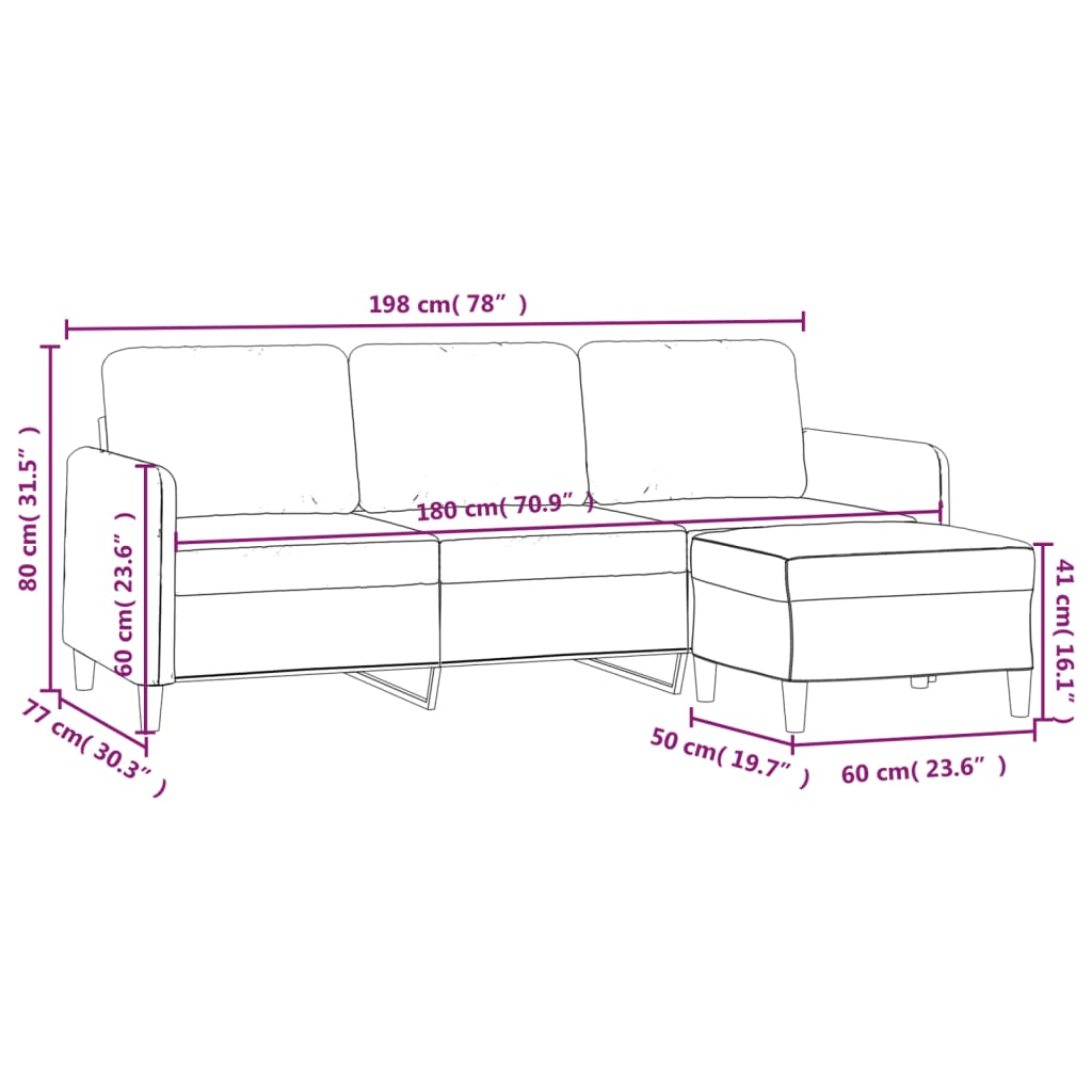 vidaXL 3-Seater Sofa with Footstool Light Grey 180 cm Fabric